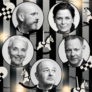 GODNATHISTORIER TIL NABOLAGET - DECEMBER SPECIAL 2026. På billedet: Peter Oliver Hansen, Camilla Bendix, Charlotte Munksgaard, Paw Henriksen, Steen Stig Lommer. Foto: Robin Skjoldborg for teatret ved Sorte Hest.